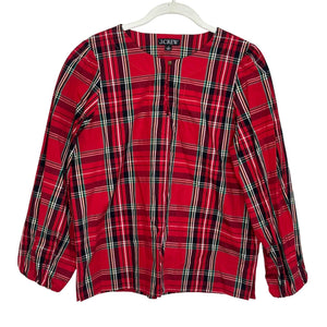 J Crew Holiday Top Blouse Size Medium Puff-Sleeve Poplin Good Tidings Red Plaid