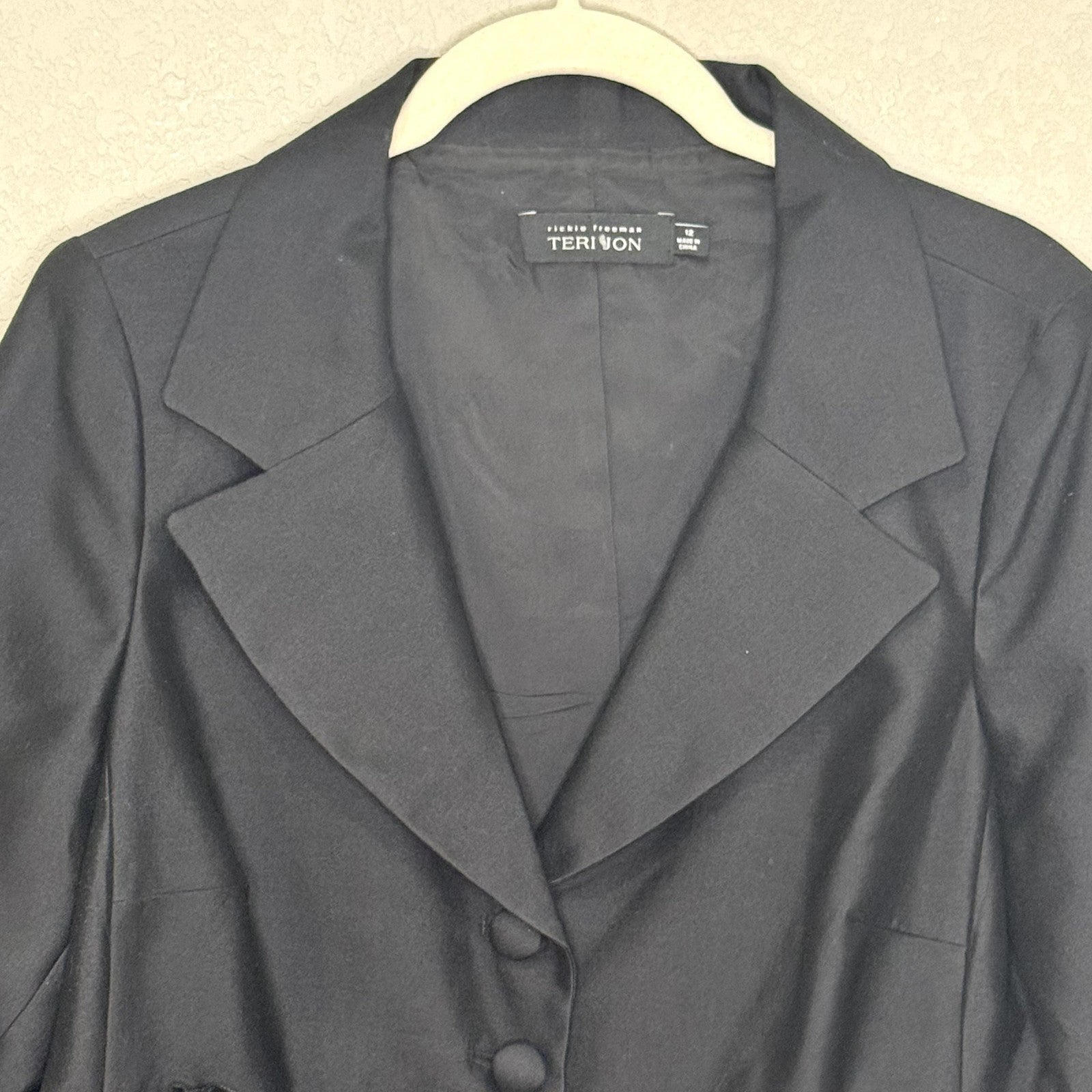 Teri Jon Blazer Womens 12 Black Silk Wool Blend Button Up Bow Trim Suit Jacket