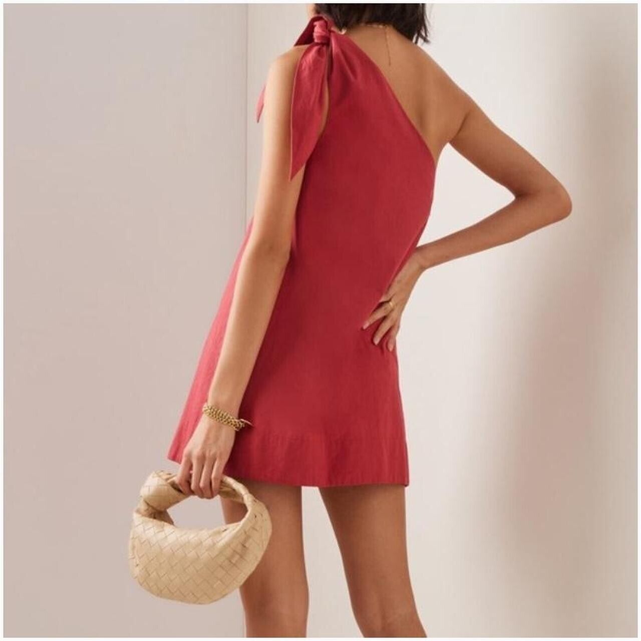 POSSE Aubrey One Shoulder Tie Mini Dress in Jam Red Size Medium