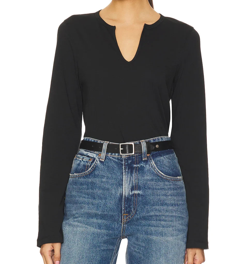 Nation Los Angeles Lian Shirt Small Black Pima Cotton Long Sleeve Notch V Neck