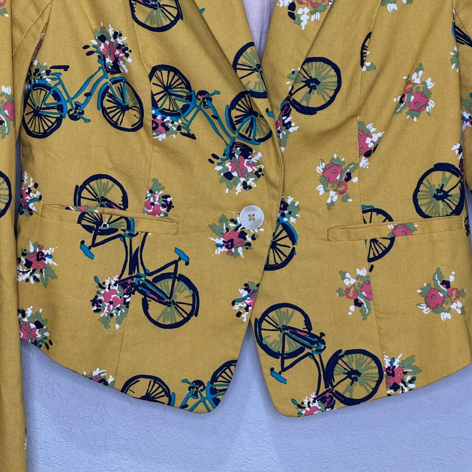 ModCloth Blazer Womens Small Bicycle Floral Print Jacket Single Button Fun