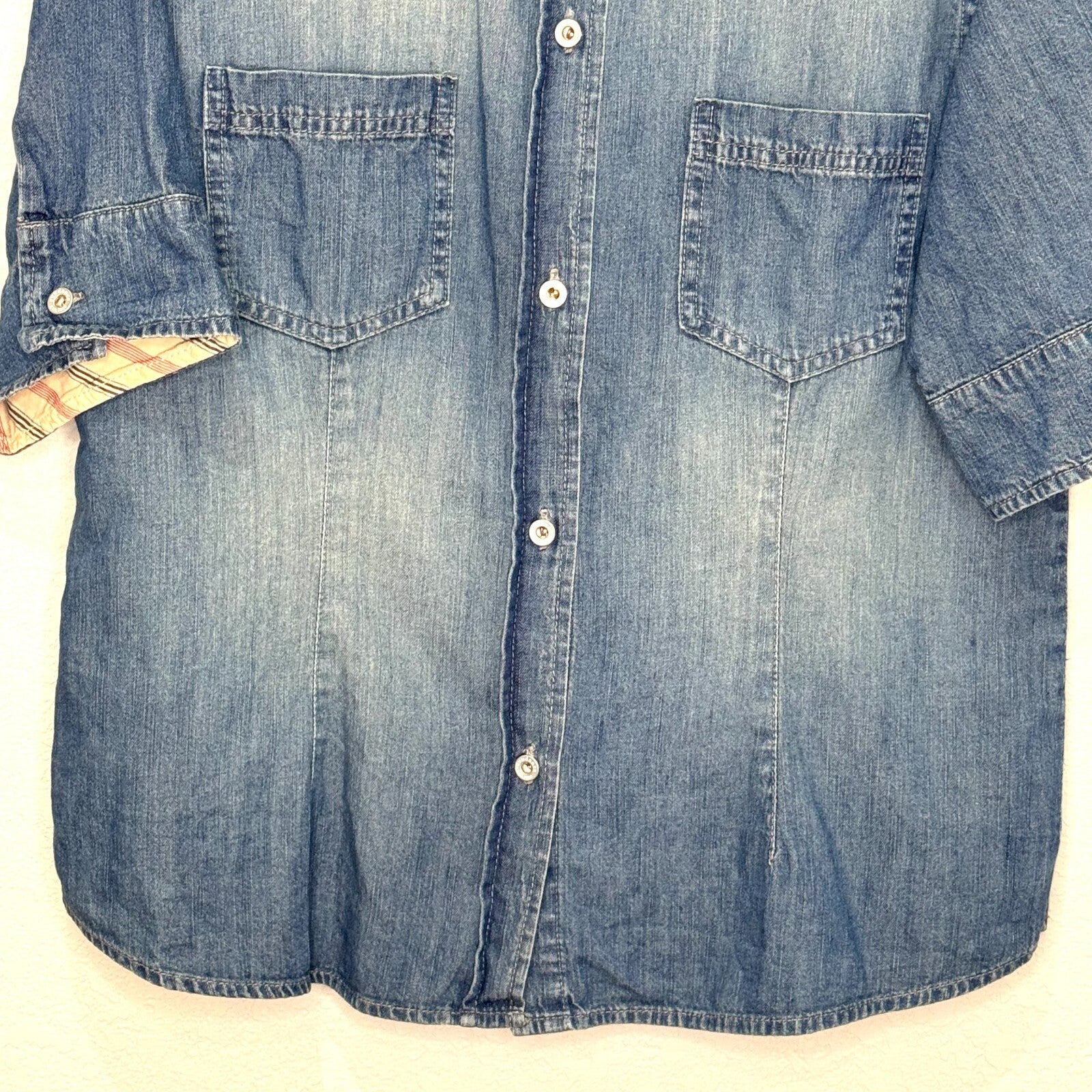 Sundance Button Down Denim Shirt Size 14 Short Sleeve 100% Cotton Short Sleeve