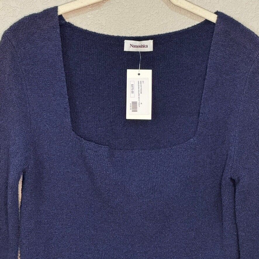 Nanushka Navy Ambru Knitted Square Neck Pullover Sweater Size Medium $375