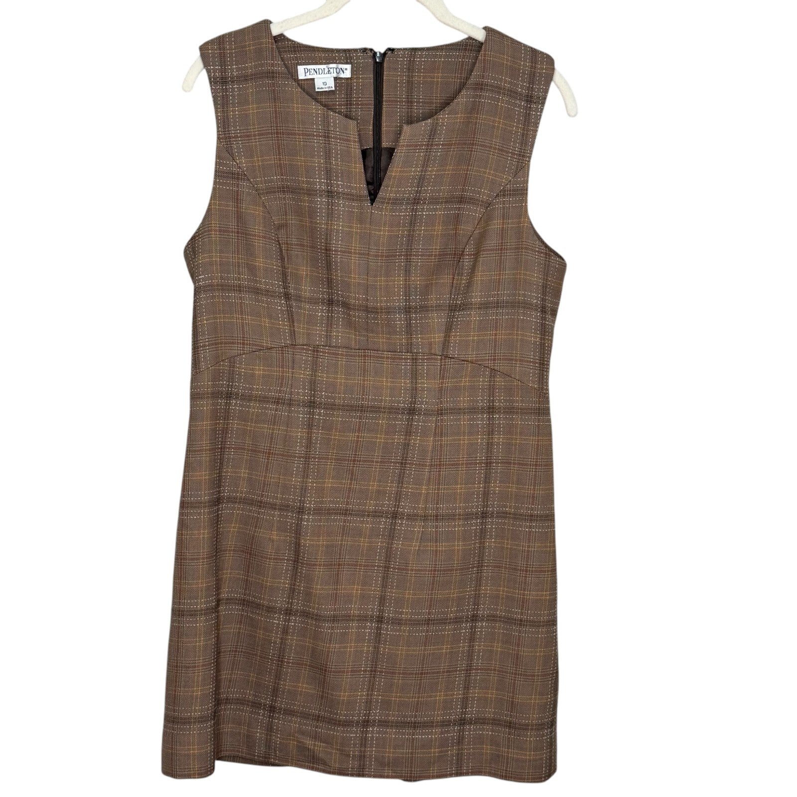 Pendleton Shift Dress Size 10 $198 Brown Plaid Wool Blend Sleeveless