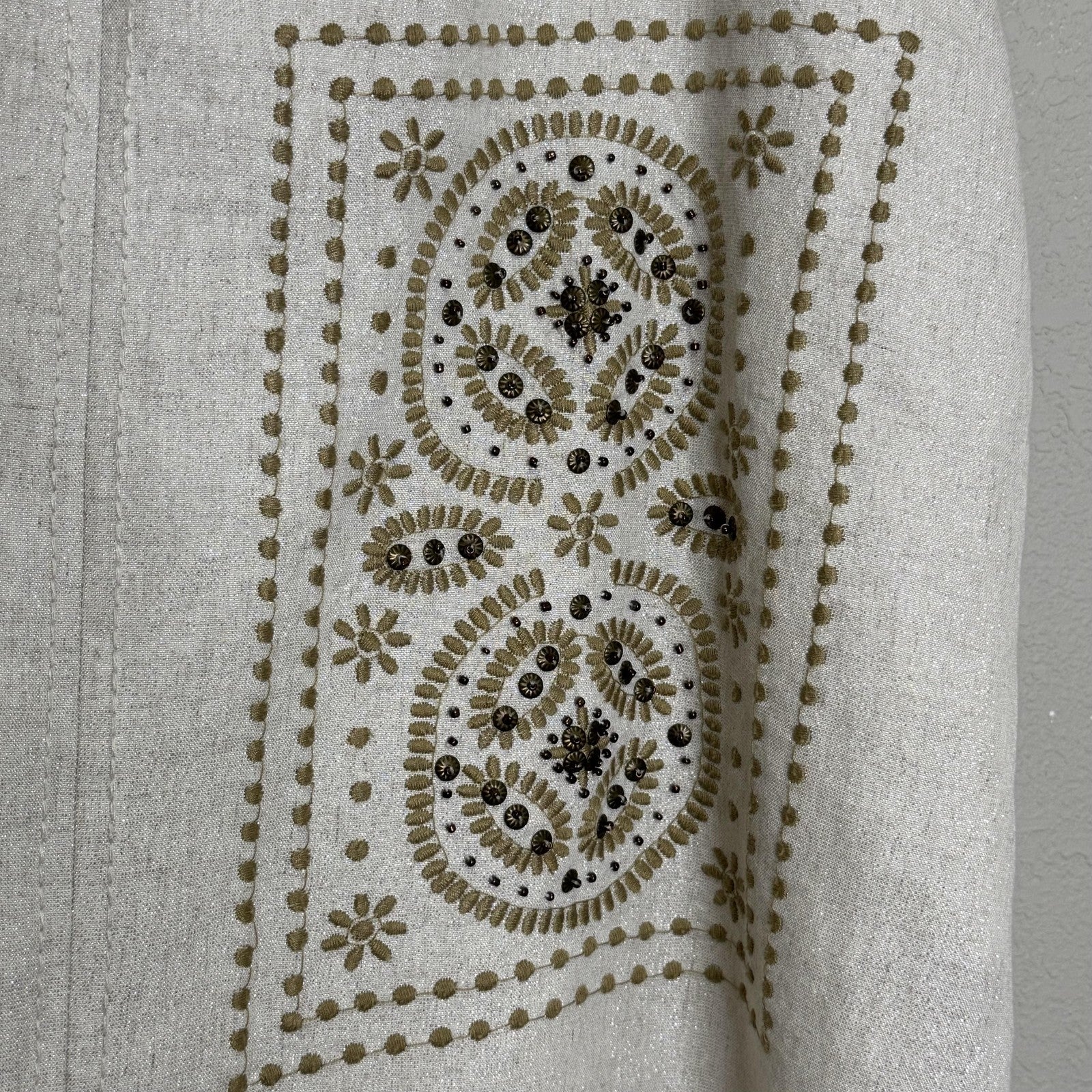 Floreat Skirt 8 White Gold Shimmer Embroidered Beaded A-Line Boho Linen Blend