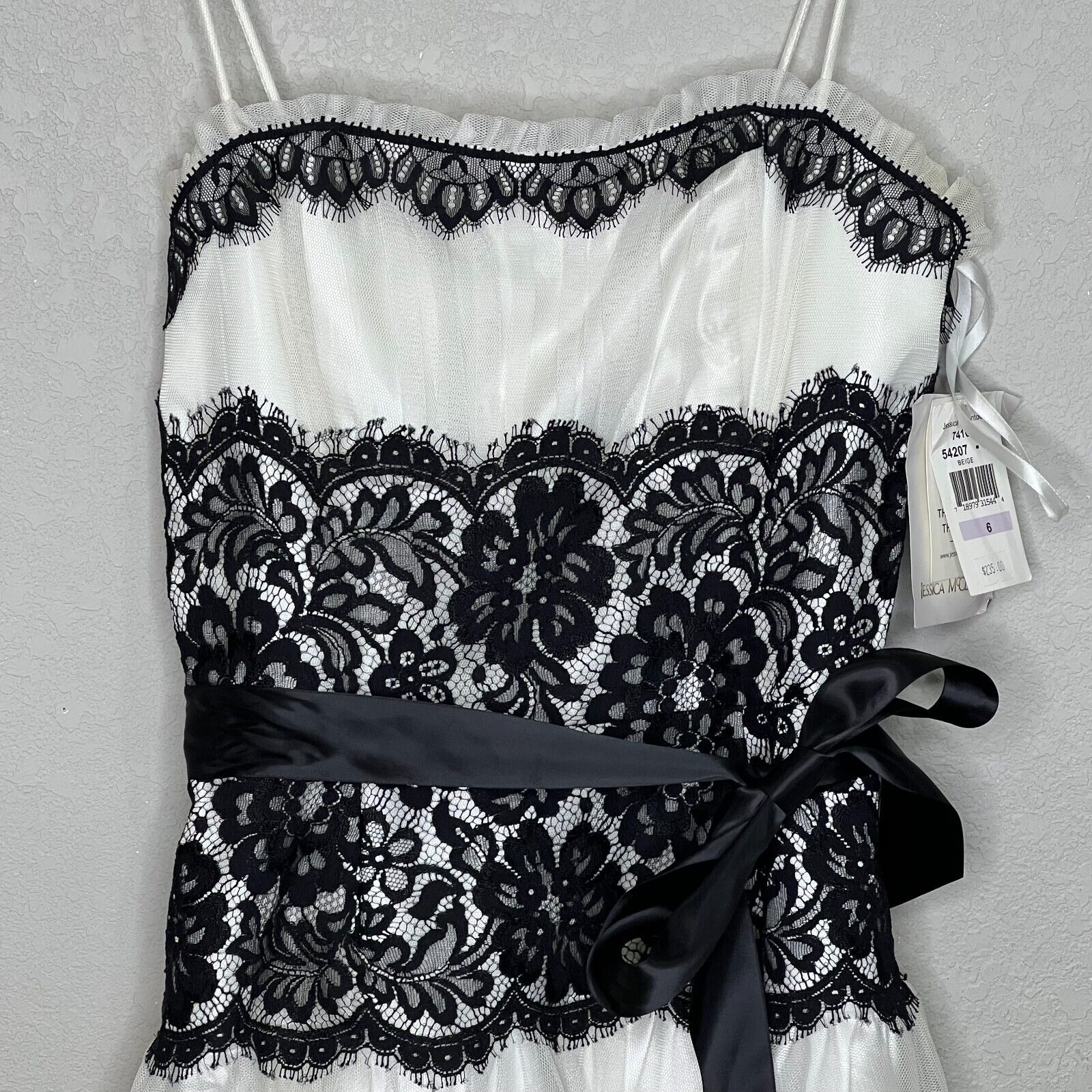 Jessica McClintock Early 2000's White Black Lace Mini Dress 6 / Fits Size XS NEW