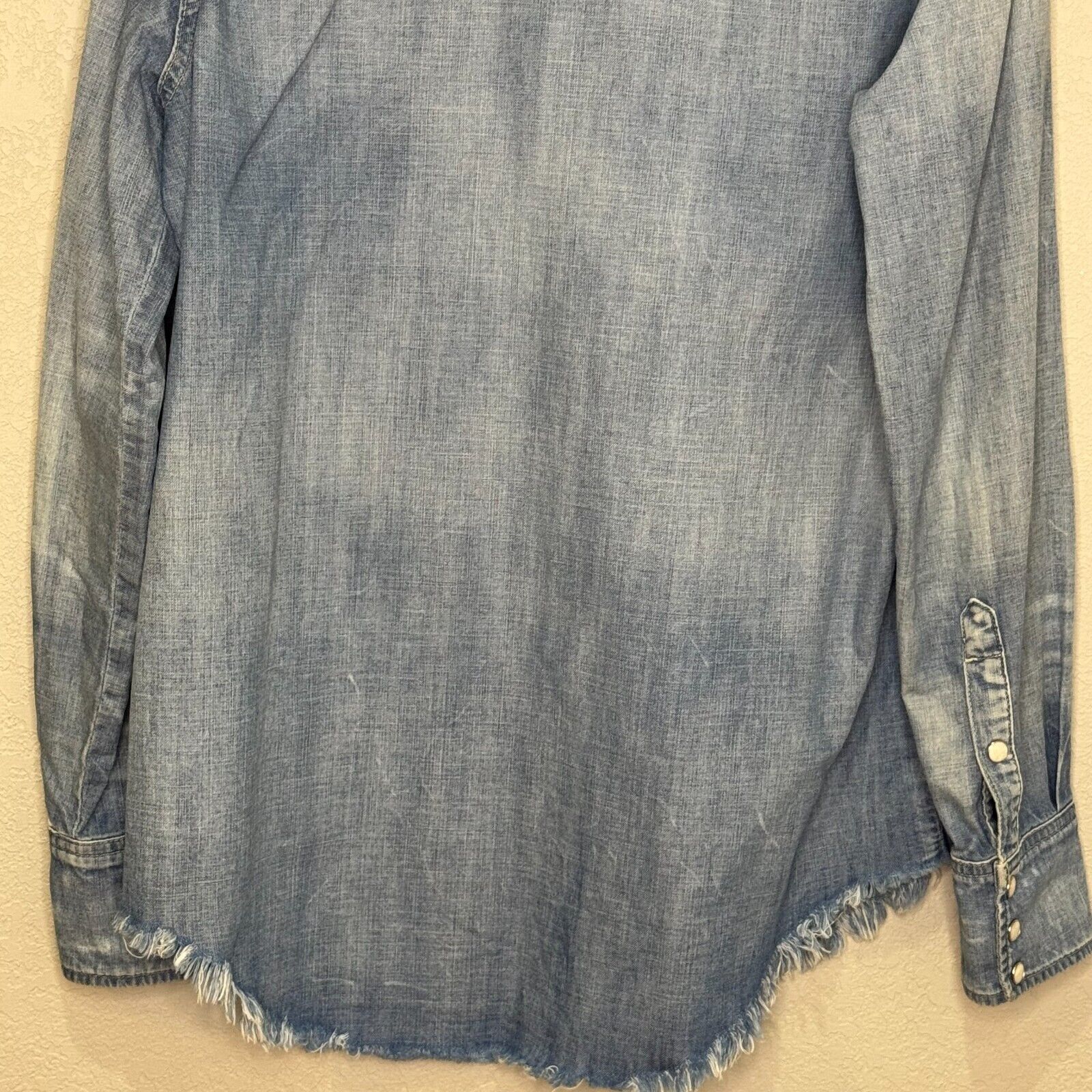 ABLE Denim Western Shirt Womens Size Small Denim Pearl Snap Fringe