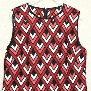 Elie Tahari Shift Dress Womens 14 Red Black White Sleeveless Chevron Scallop Hem