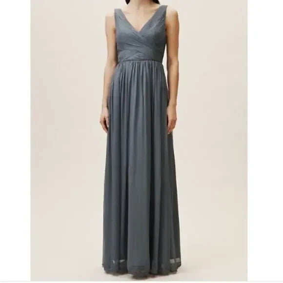BHLDN Dress Womens Medium Blue Gray Sleeveless Chiffon Maxi Gown Formal Wedding