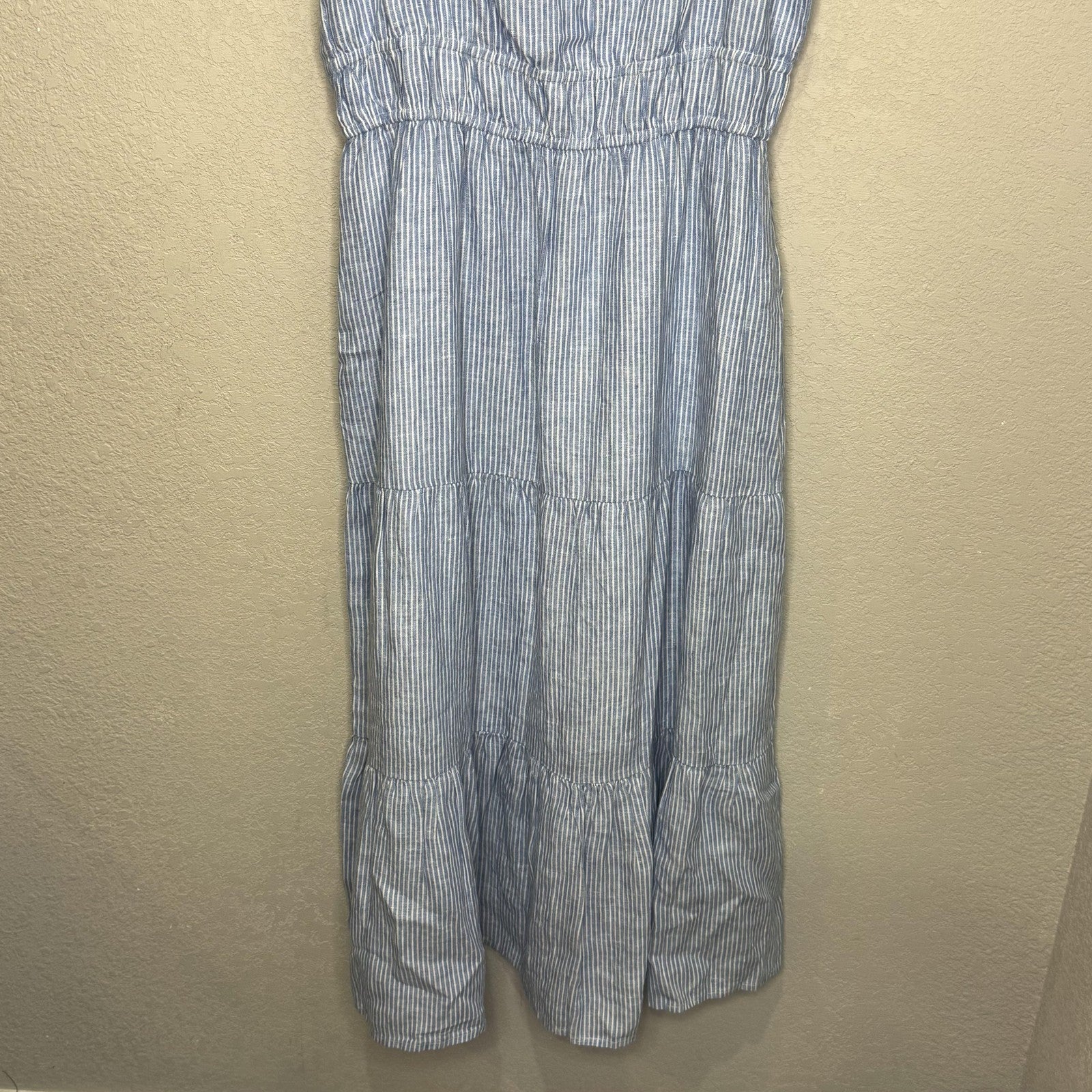 Amour Vert Dress Womens Medium Blue Stripe Elio Linen Tiered Midi Strappy Lined