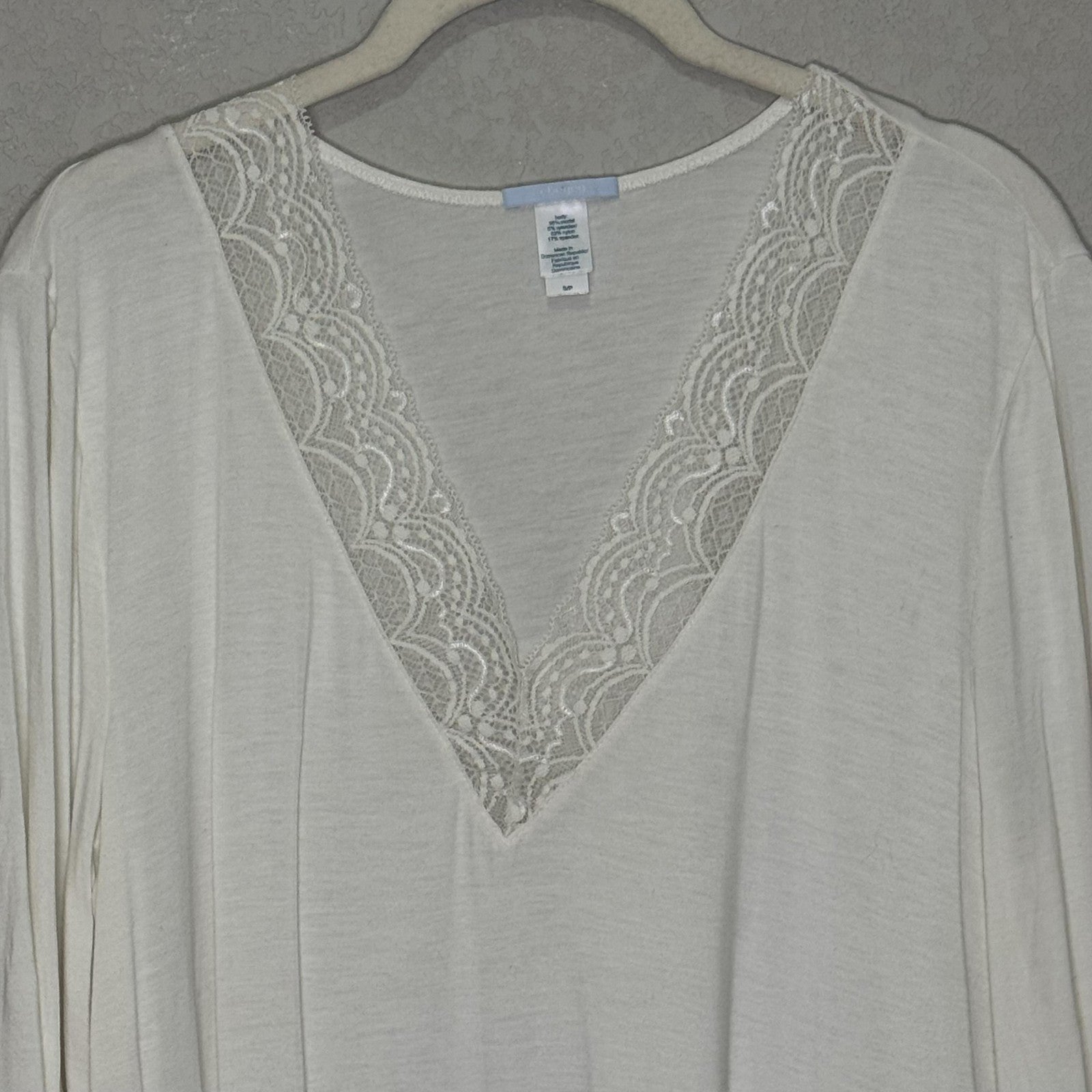 Eberjey Nightgown Womens Small Ivory Lace Trim V Neck 3/4 Sleeve Sleep Shirt