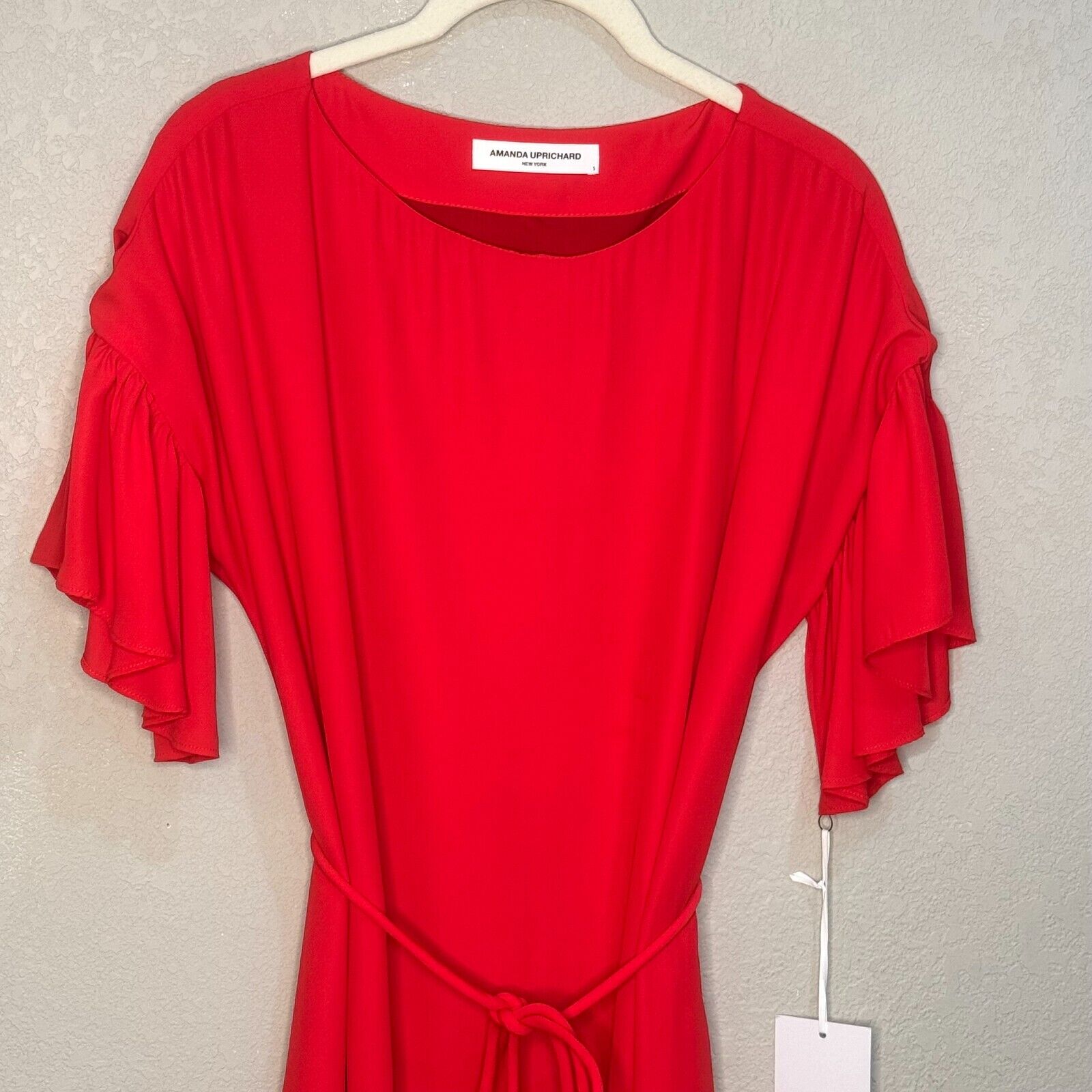 Amanda Uprichard Red Short Sleeve Ruffle Hem Mini Dress w Tie Size Small NEW