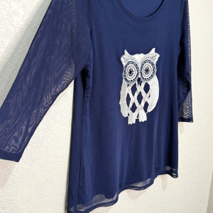 Rara Avis Iris Apfel Top Size Small Blue Embroidered Owl Chiffon