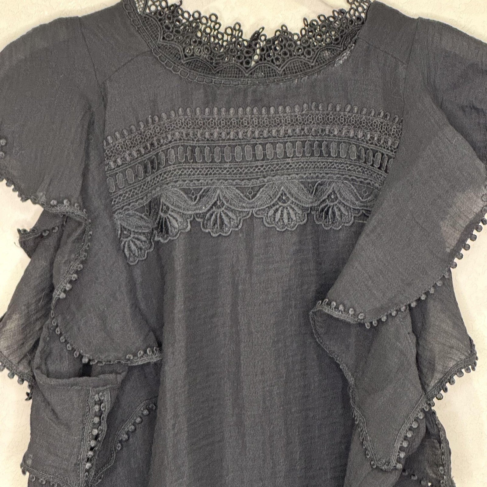 Sabina Musayev Melody Shirt Womens Large Black Ruffle Flutter Sleeve Lace Boho