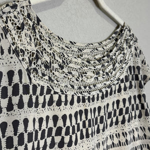 Club Monaco Dress Small Black White Silk Crochet Neckline Patterned Y2K