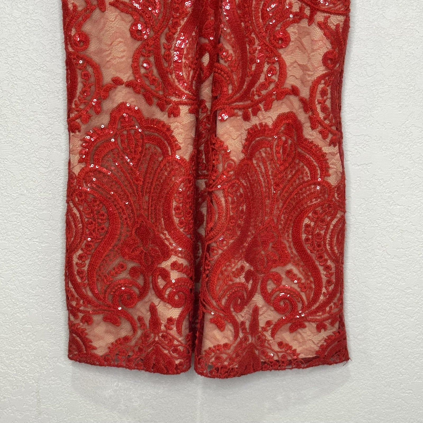 Free People Romper Womens 0 Red Sequin Lace Mesh V Neck Spaghetti Straps Mini