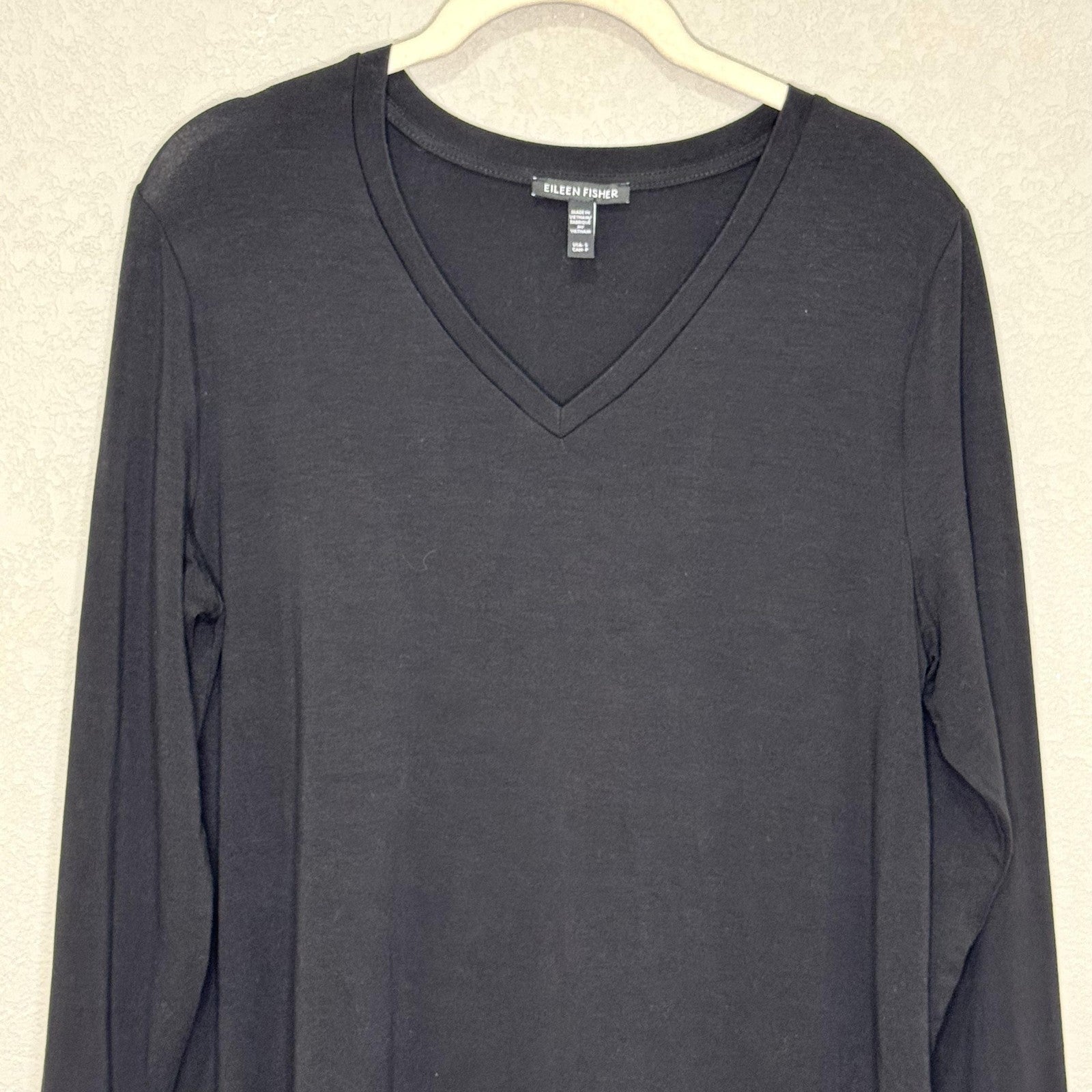 Eileen Fisher Dress Small Black Long Sleeve V Neck Tencel Knit Minimalist System
