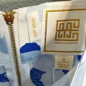 Emily McCarthy Blue White Linen Blend Printed Back Zip Top Size Small NEW $140