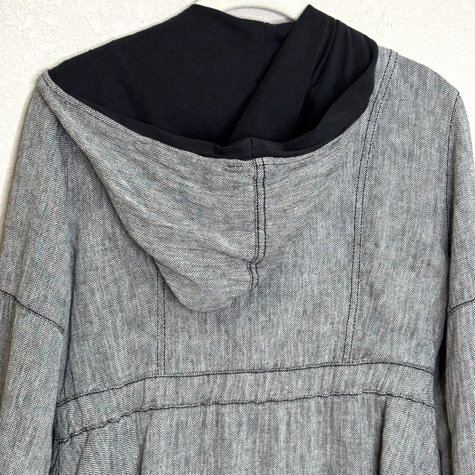 Free People Y2K Herringbone Jacket Coat Zip Up Tie Waist Linen Hooded Coat