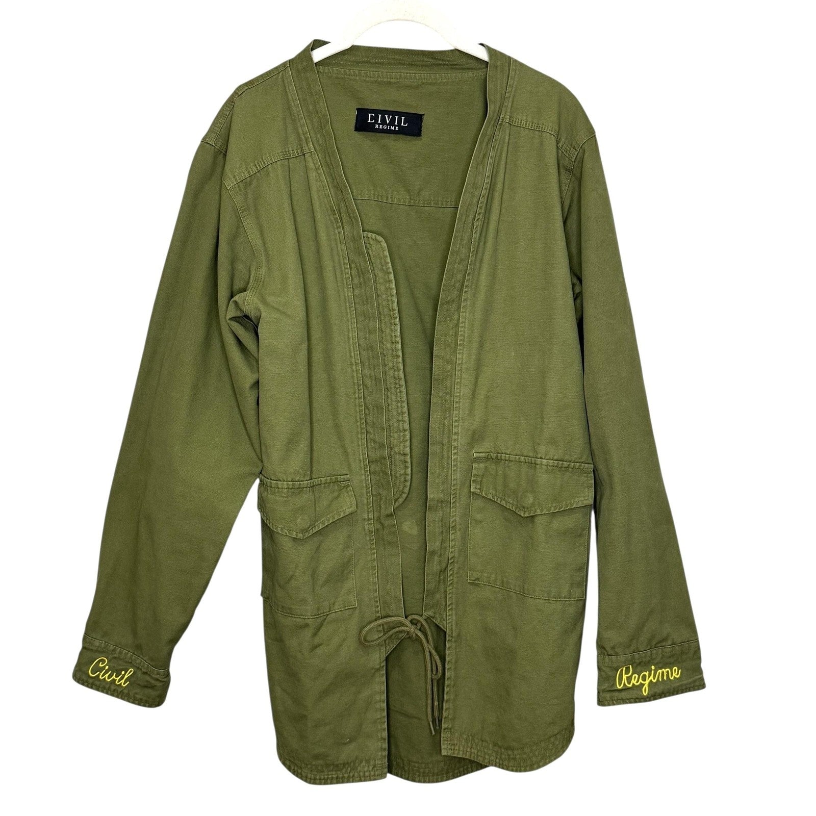 Civil Regime Jacket Womens Medium Green Embroidered Utility Open Front Pockets