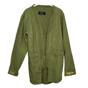Civil Regime Jacket Womens Medium Green Embroidered Utility Open Front Pockets