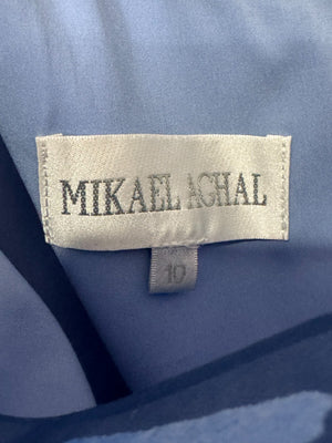 Mikael Aghal One Shoulder Gown Dress Blue Chiffon Coastal Black Tie Alt. Size 6
