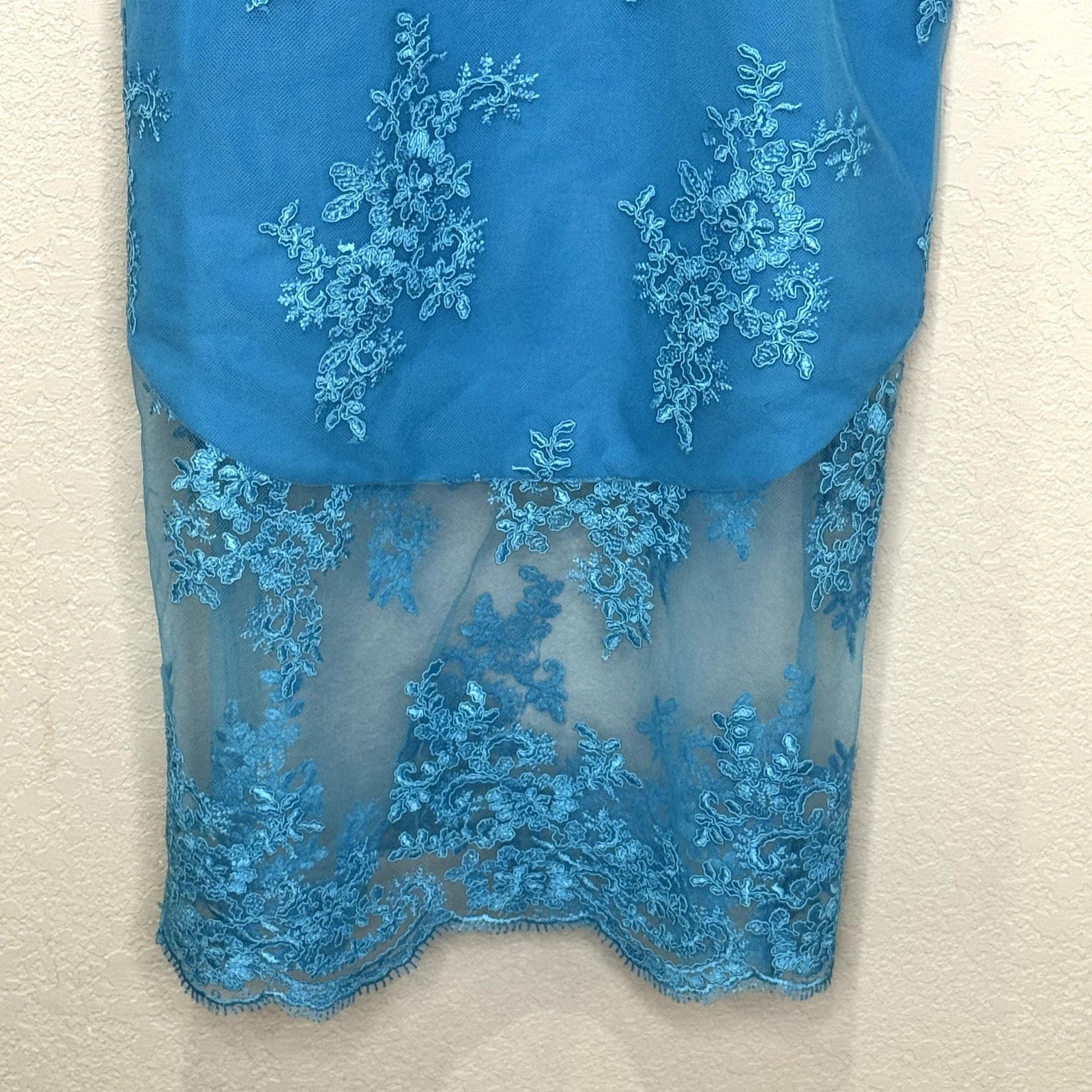 NBD Dress Womens XS Blue Lace Mesh Sheer Floral Embroidered Bustier Midi Strappy