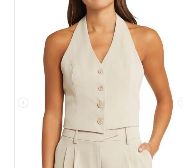 Open Edit Halter Crop Vest Womens Large Beige Button Front Sleeveless Blouse Top