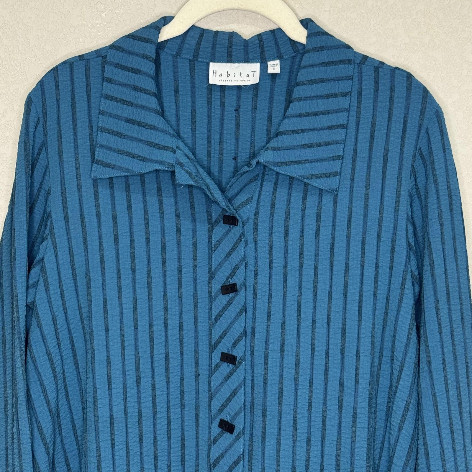 Habitat Shirt Womens Small Blue Striped Button Front Tunic High Low Artsy