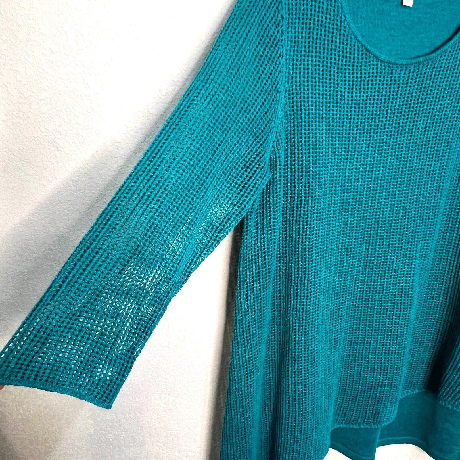 Eileen Fisher Green Organic Linen Asymmetrical Open Knit‎ Sweater Tunic Size S