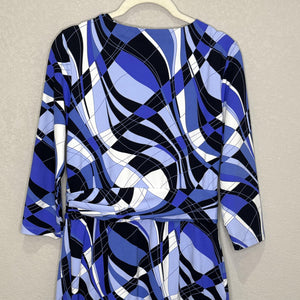 J McLaughlin Dress Womens Small Blue Black White Wrap 3/4 Sleeve Geometric Print