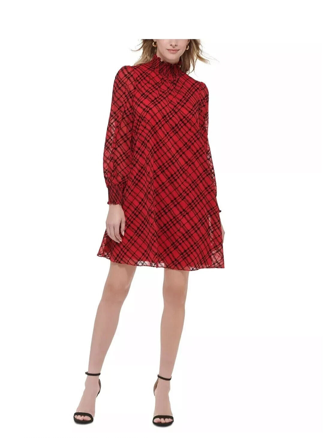 Tommy Hilfiger Red Plaid Mock Neck Long Sleeve Chiffon Shift Dress Size 12