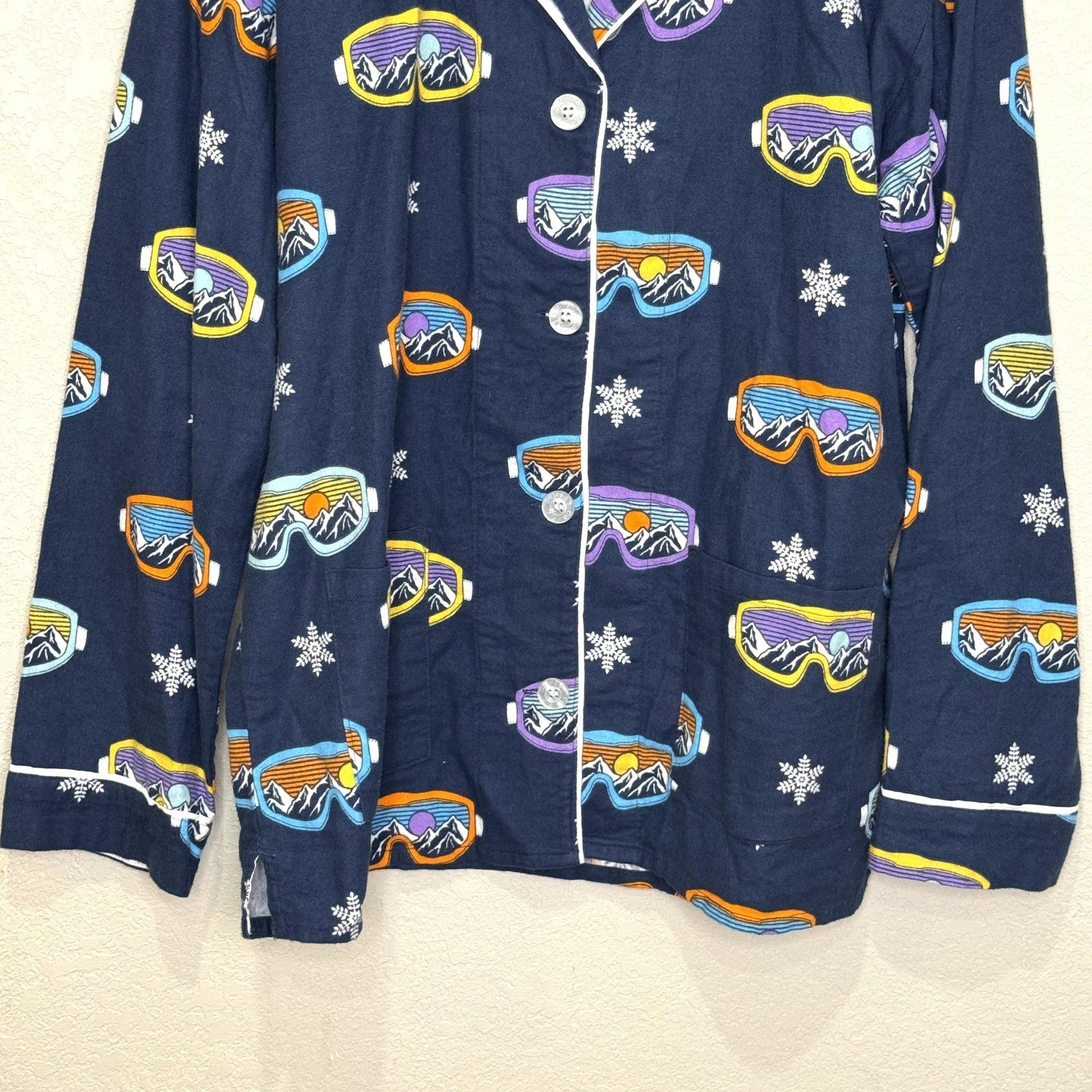 PJ Salvage Pajama Set Womens Small Blue Ski Goggle Print Flannel Top Pants Cozy