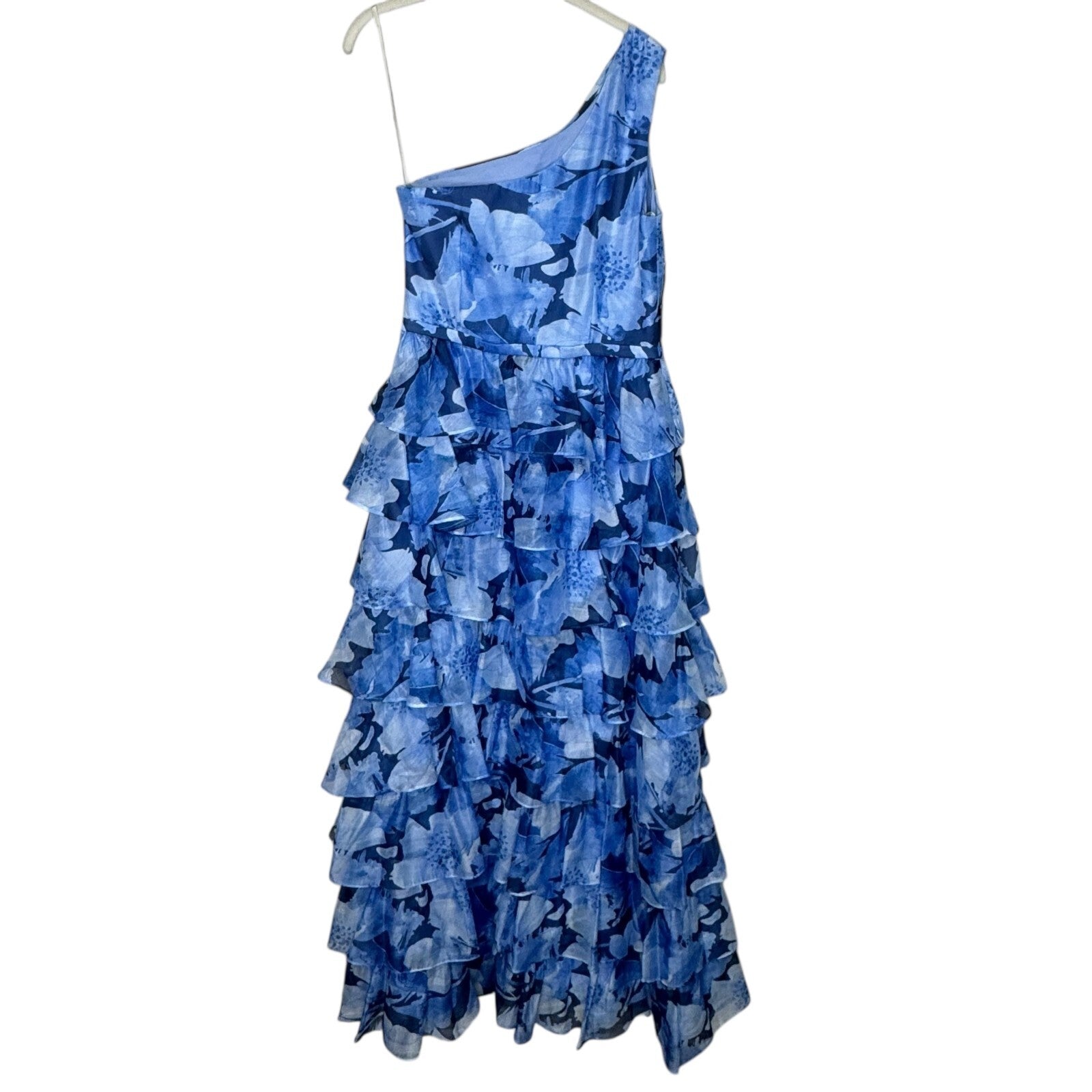 Mikael Aghal One Shoulder Gown Dress Blue Chiffon Coastal Black Tie Alt. Size 6