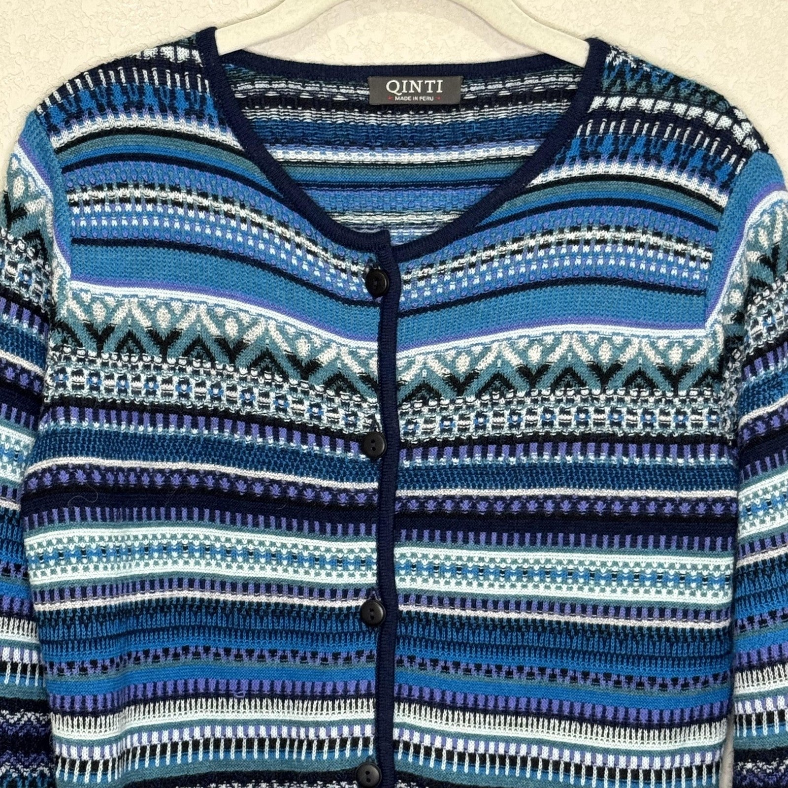 QINTI Sweater Womens Small Blue Multicolor 100% Baby Alpaca Button Cardigan Peru