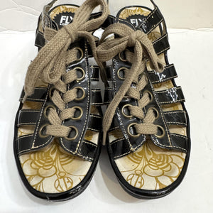 Fly London Shoes Womens Size 10 Black Patent Wedge Gladiator Lace Up Sandals