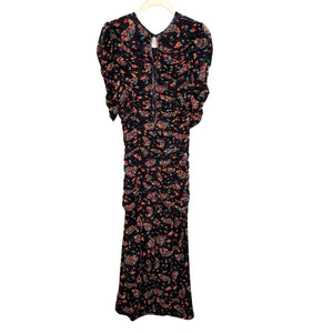 Free People NEW Black Multi Floral Briella Ruched Midi Dress Size Small $168