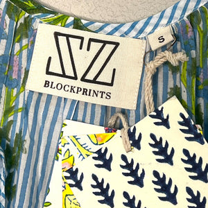 SZ Blockprints Blue Aneeza Print Thin Stripe Priya Dress Size Small NEW $188