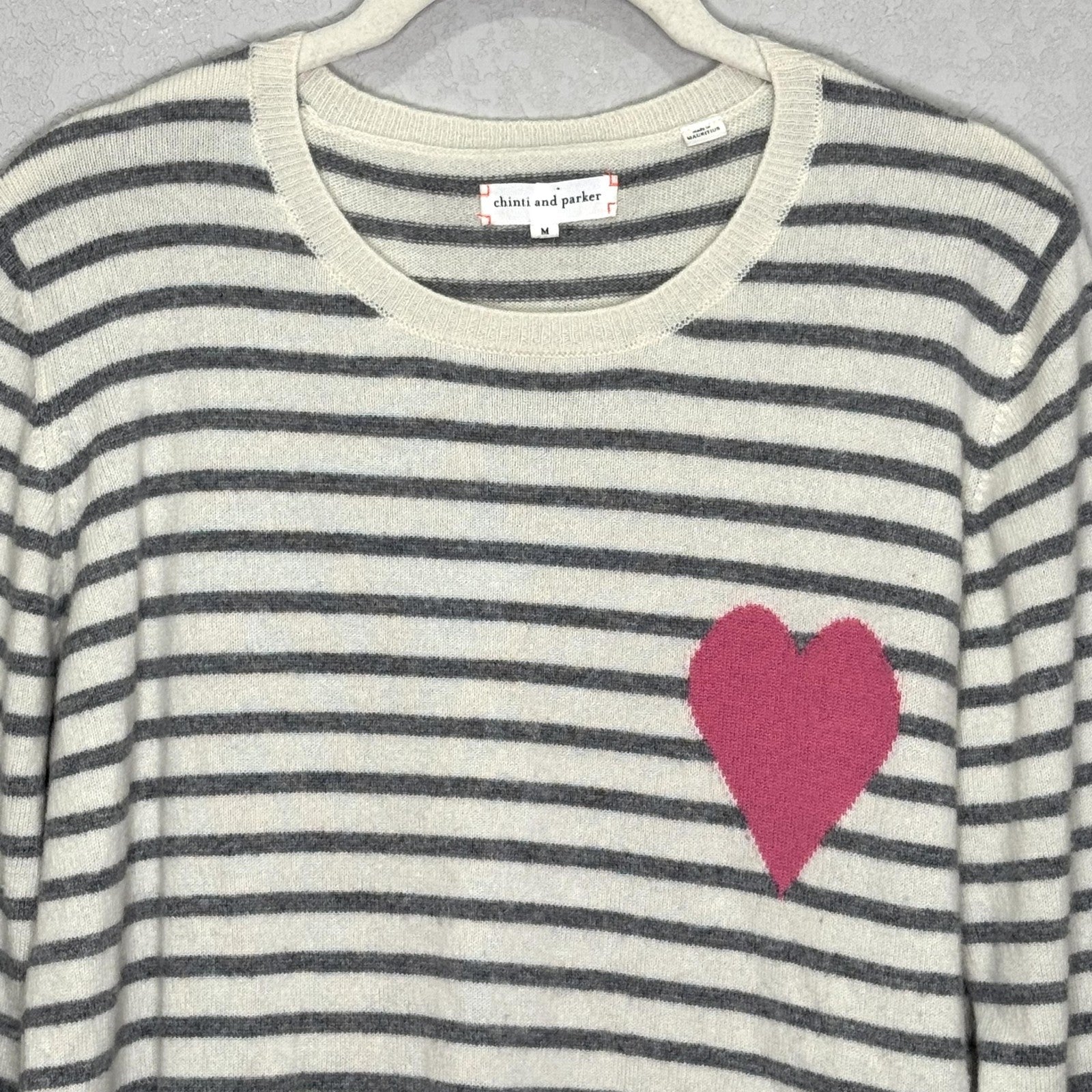 Chinti and Parker Sweater Womens Medium Gray White Stripe 100% Cashmere Heart