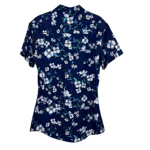 Dixxon Shirt Womens Large Navy Aloha Series Hawaiian Floral Button Up Stretch