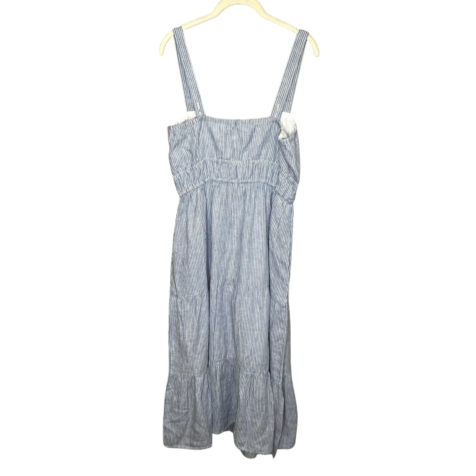 Amour Vert Dress Womens Medium Blue Stripe Elio Linen Tiered Midi Strappy Lined