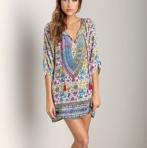Tolani Silk Printed Madison Dress Tunic Top Size Small Boho Tassels V Neck