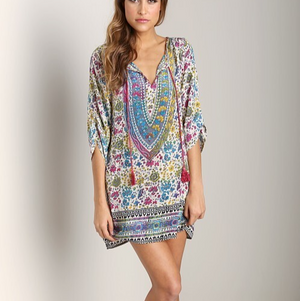 Tolani Silk Printed Madison Dress Tunic Top Size Small Boho Tassels V Neck