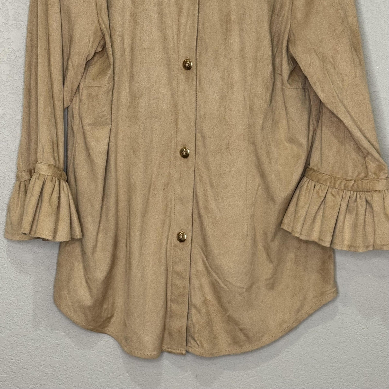 Gretchen Scott Shirt Womens Medium Tan Button Front Ruffle Cuff Tunic Blouse