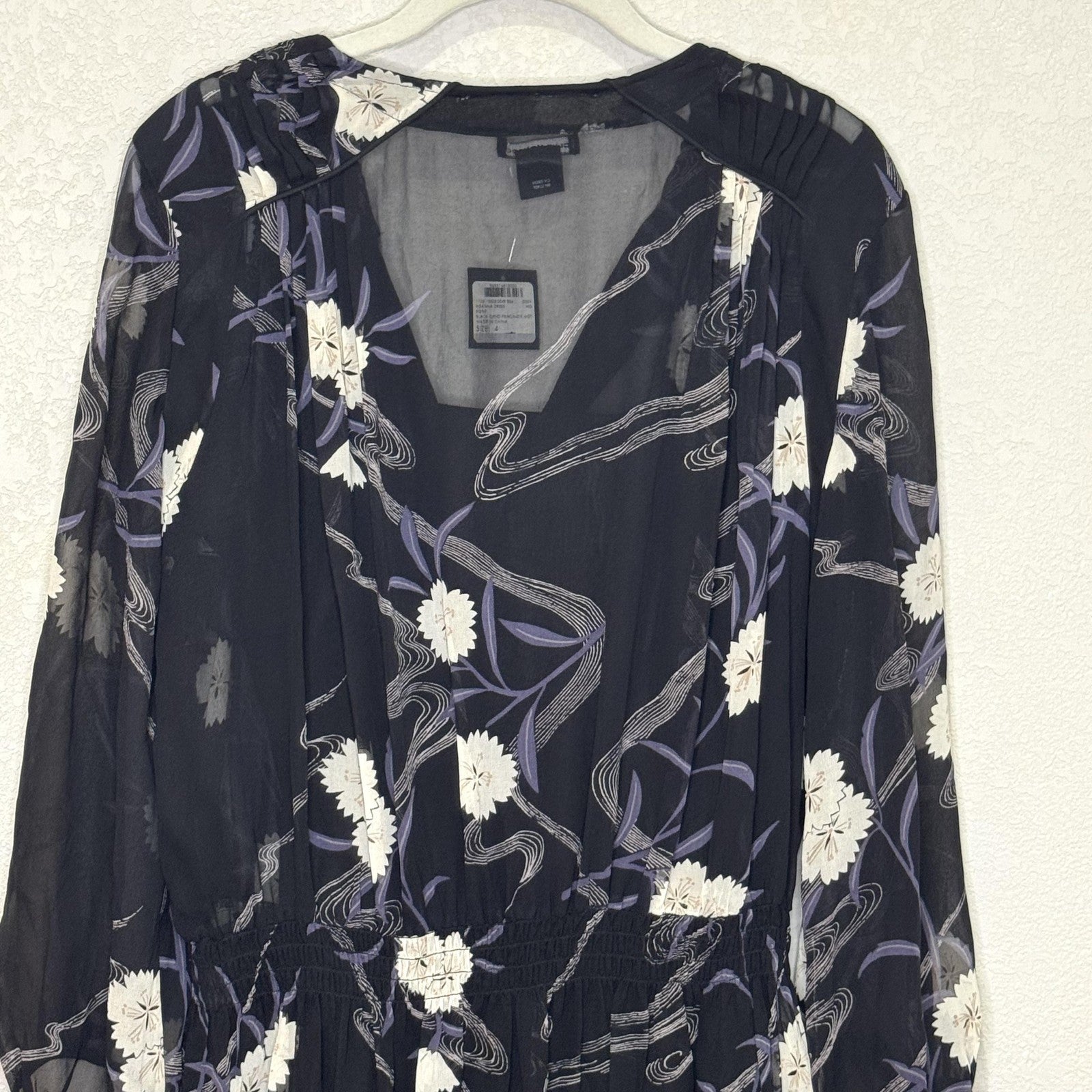 Club Monaco Roanna Dress Womens 4 Black Floral Silk Long Sleeve Mini Boho Chic