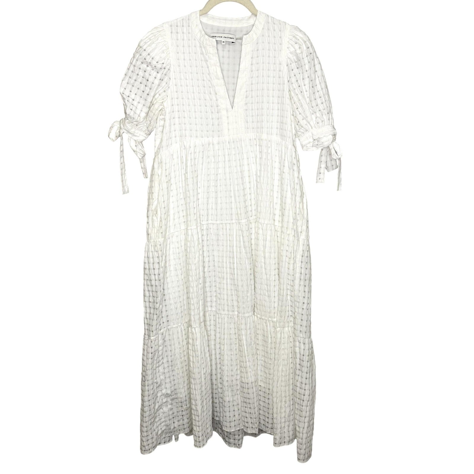English Factory Dress Womens XS White Textured Midi Tie Sleeve Boho Pockets