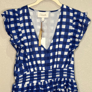 Cleobella Benny Mini Dress Size Small NEW Blue White $250 Ruffle Sleeve Smocked