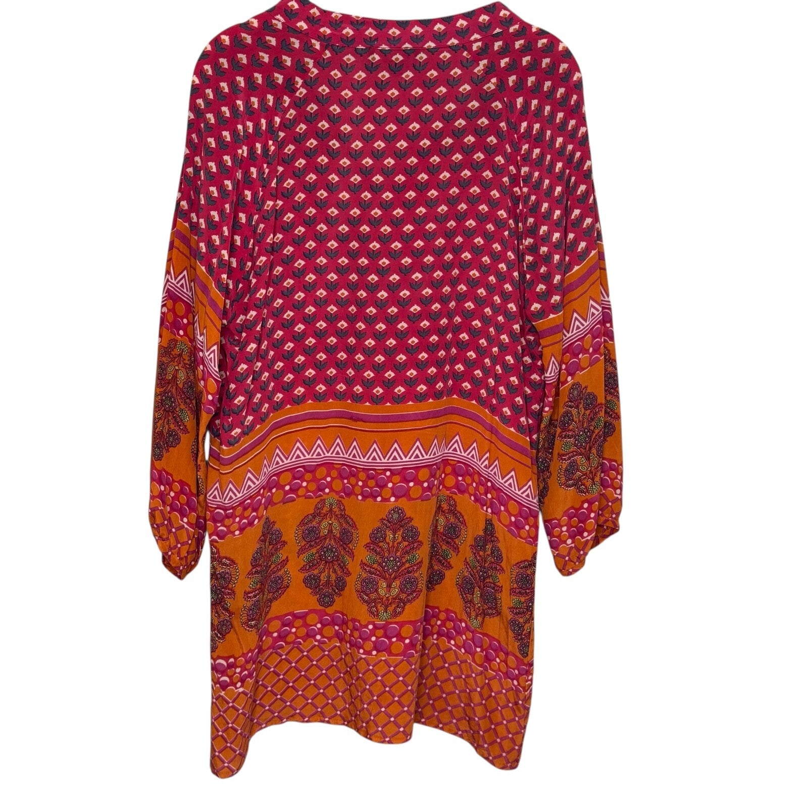 Tolani Silk Printed Dress Tunic Top Size Medium Pink Orange Boho V Neck