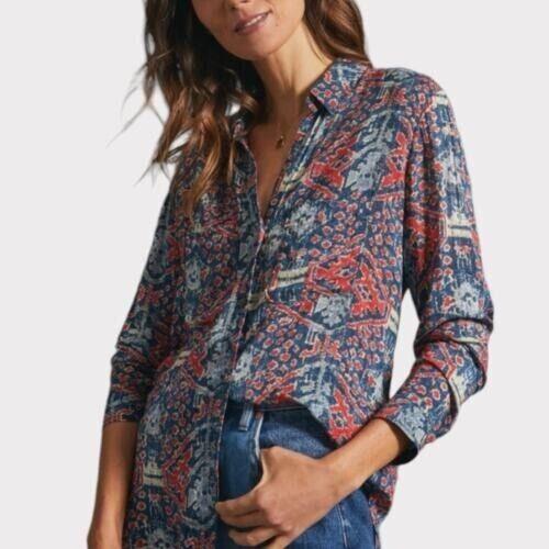 Anthropologie PILCRO Top Blouse Size Medium Blue Red Print Boho Button Up