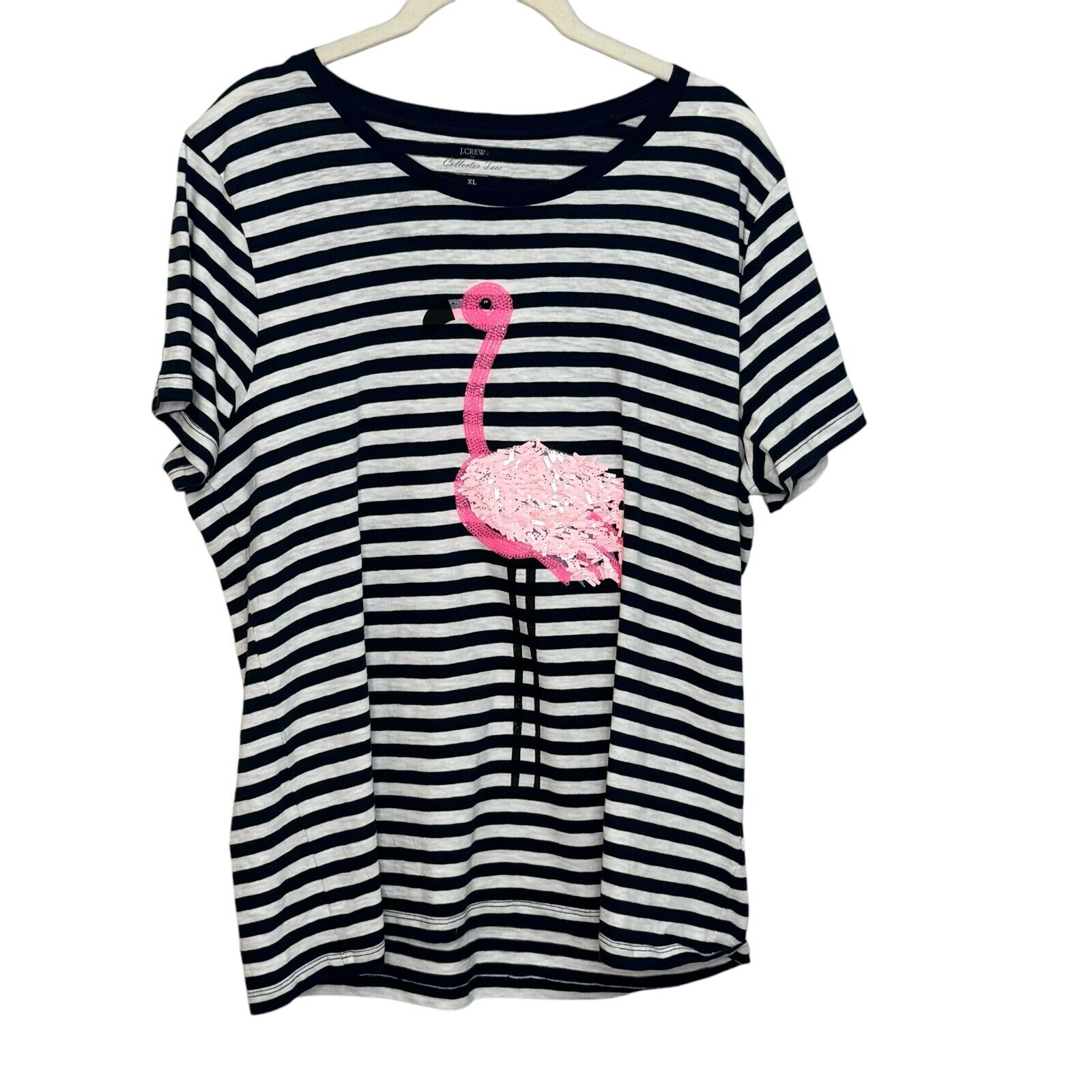 J. Crew Black White Striped Flamingo Collectible Tee Shirt Top Size XL